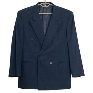 Vintage Kuppenheimer Double Breasted Blazer Jacket 42R Navy Blue Glen Plaid Wool